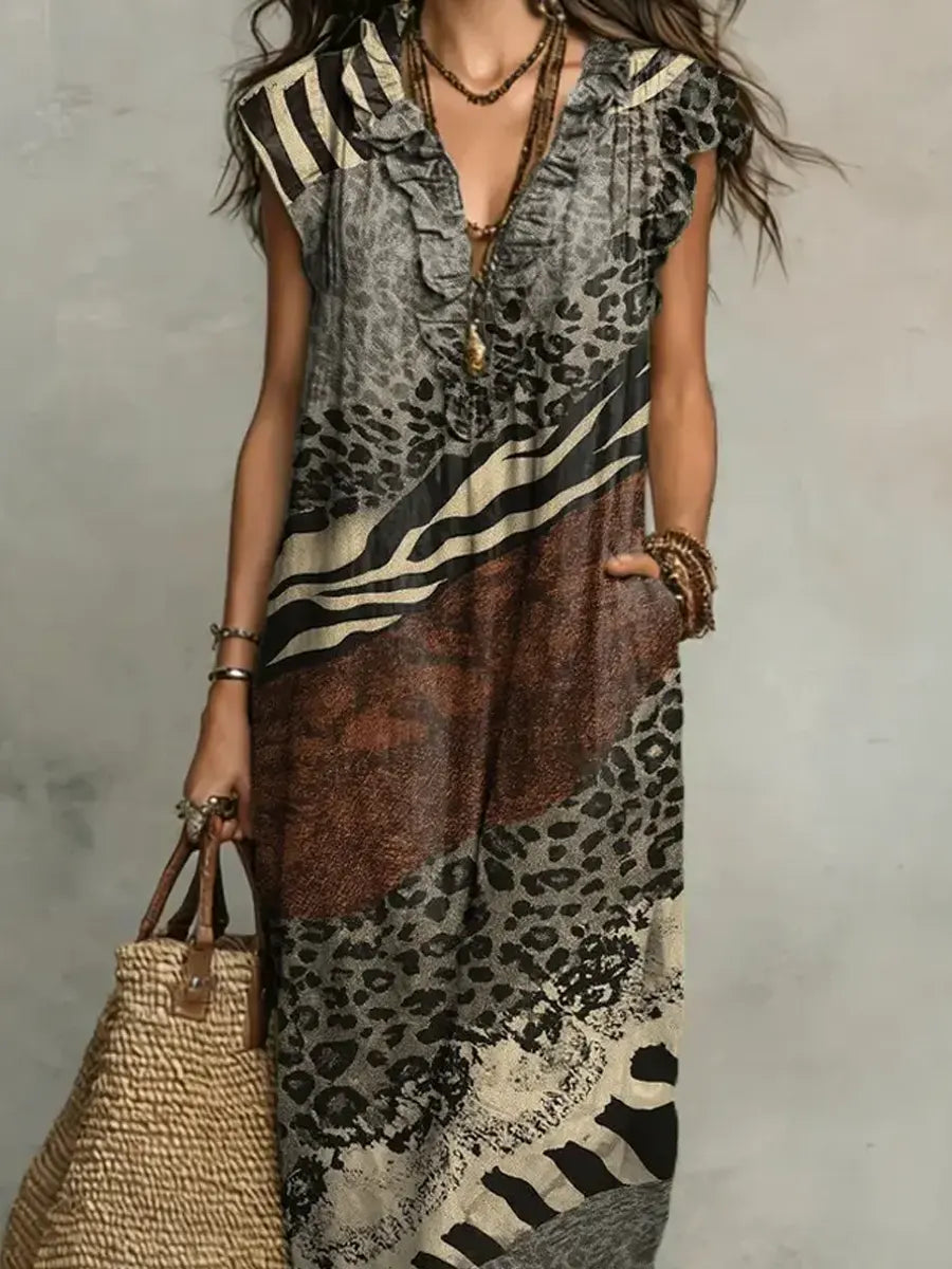 Mixed Animal Print Ruffle V-Neck Cap Sleeve Maxi Dress 2