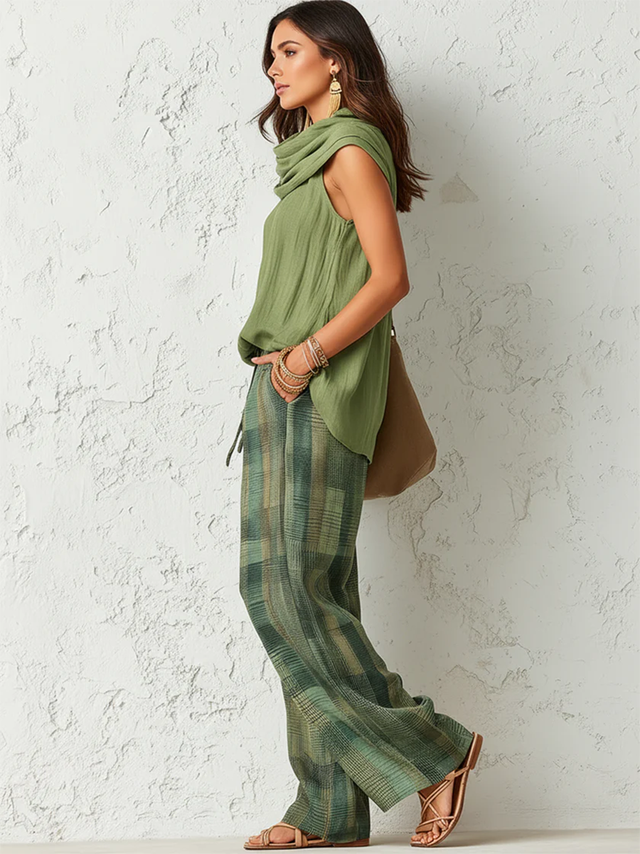Sleeveless Cowl Neck Top and Plaid Wide Leg Pants Two Piece Set 4