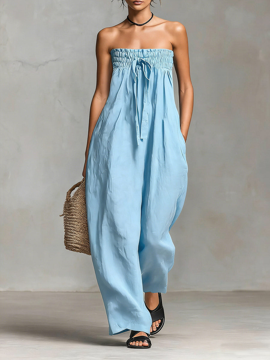 Strapless Smocked Tie Waist Wide Leg Jumpsuit 5