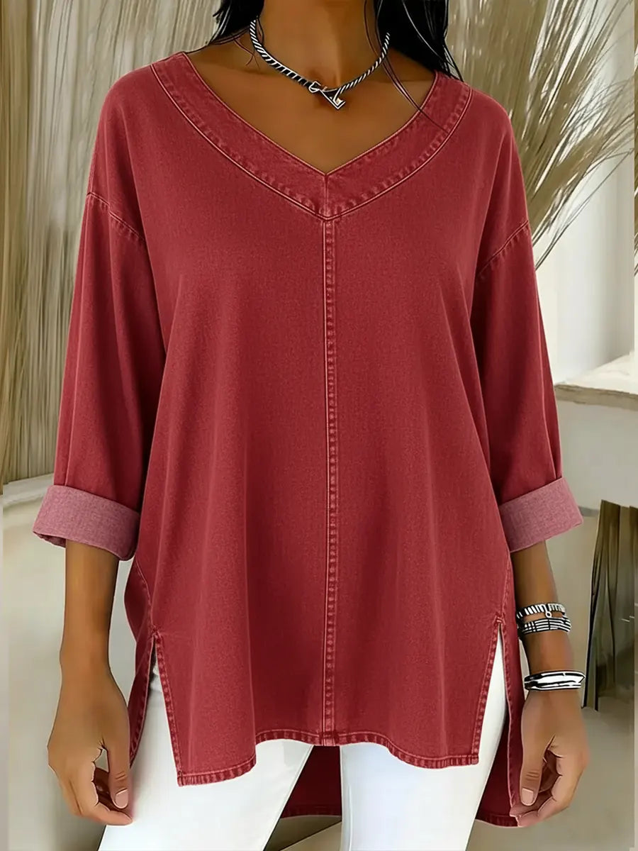 V-Neck Three Quarter Sleeve Denim Look Tunic Top 5