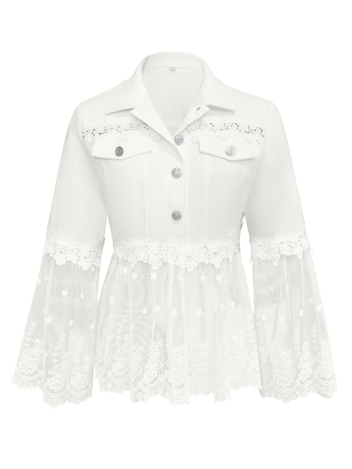Lace Panel Mesh Hem Button Front Denim Jacket 4