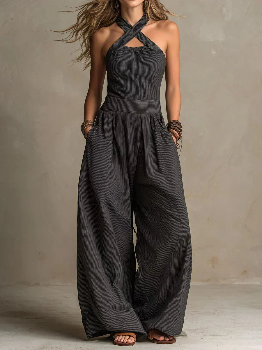 Pinstripe Halter Cross Front Cut Out Wide Leg Jumpsuit