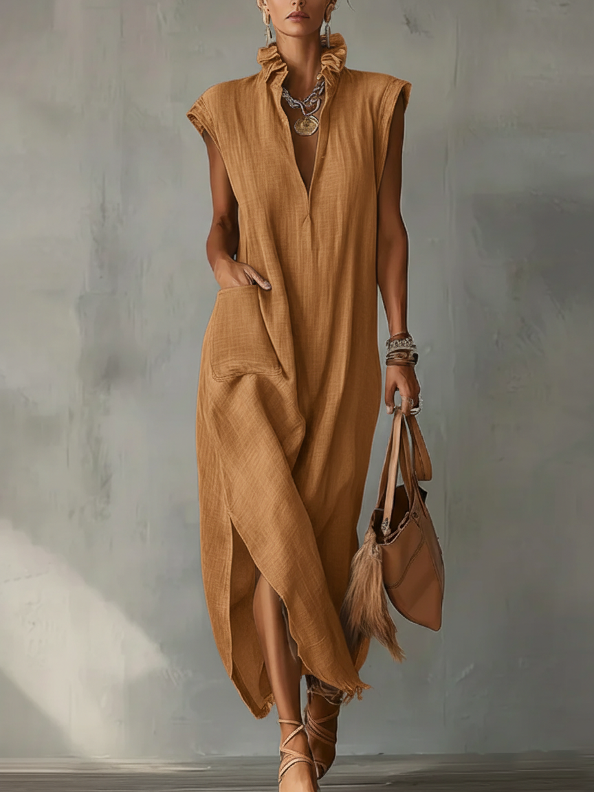 Sleeveless High Neck High Split Linen Look Maxi Dress 8
