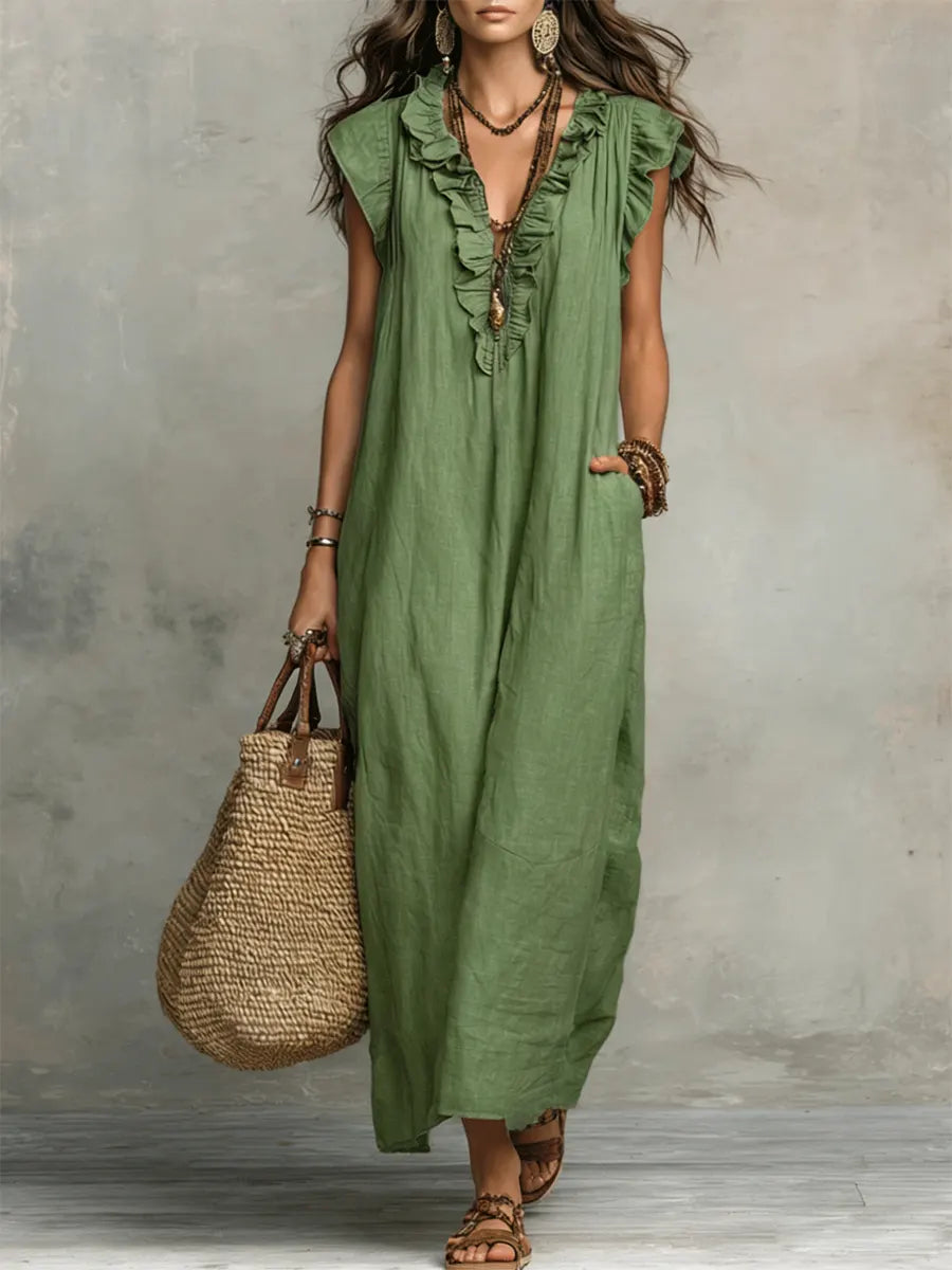 Ruffle V-Neck Sleeveless Pocket Boho Maxi Dress