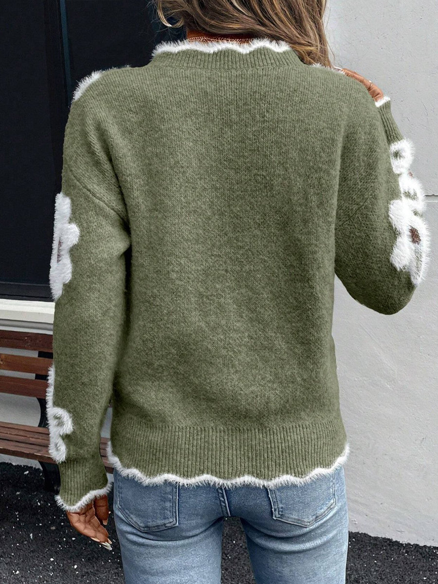 Fuzzy Floral Scalloped V-Neck Long Sleeve Knit Sweater 6