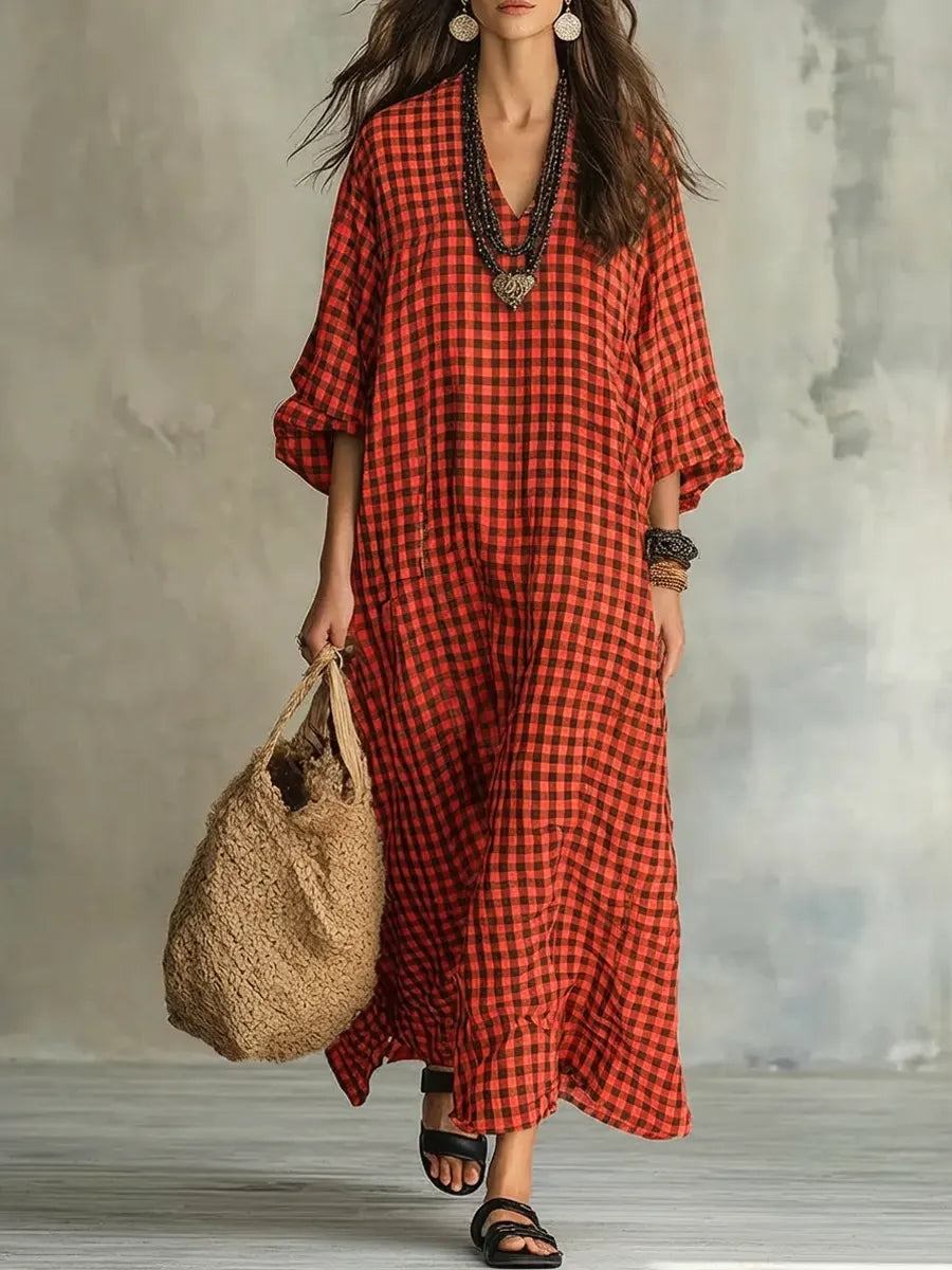 Gingham Check V-Neck Long Sleeve Oversized Maxi Dress 9