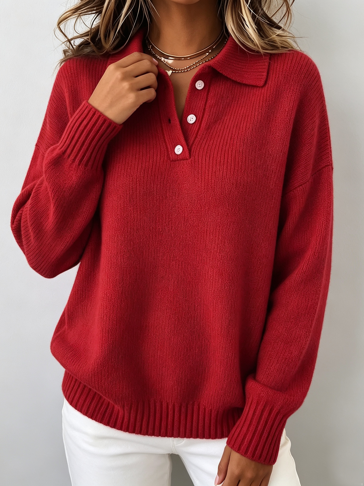 Polo Collar Button Neck Drop Shoulder Knit Sweater 4
