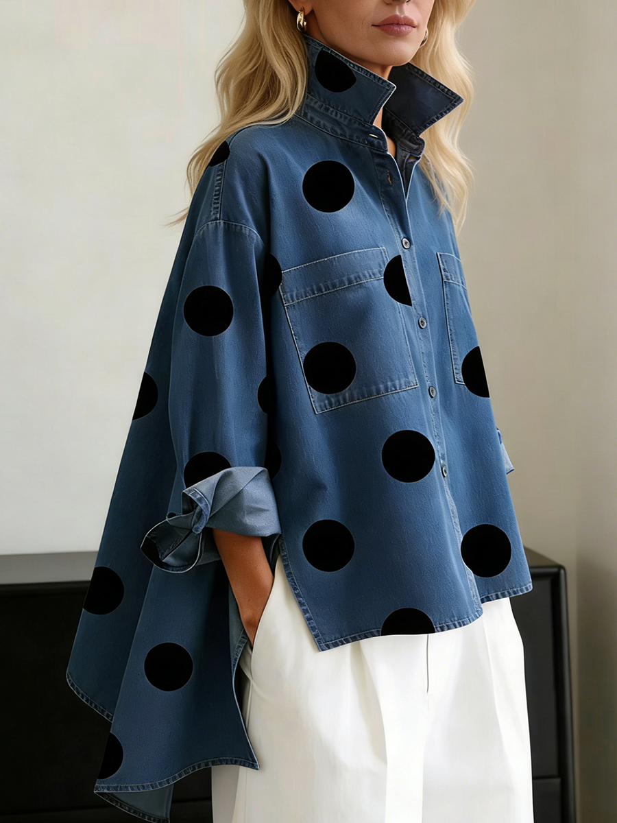 Polka Dot Button Front Oversized Denim Overshirt