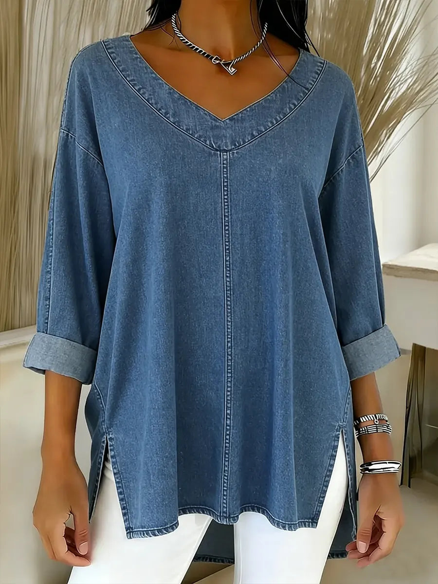 V-Neck Three Quarter Sleeve Denim Look Tunic Top 2