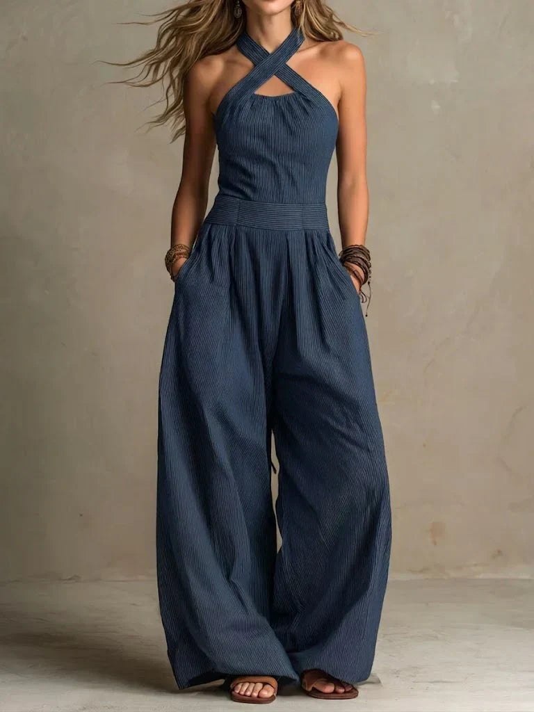 Pinstripe Halter Cross Front Cut Out Wide Leg Jumpsuit 3