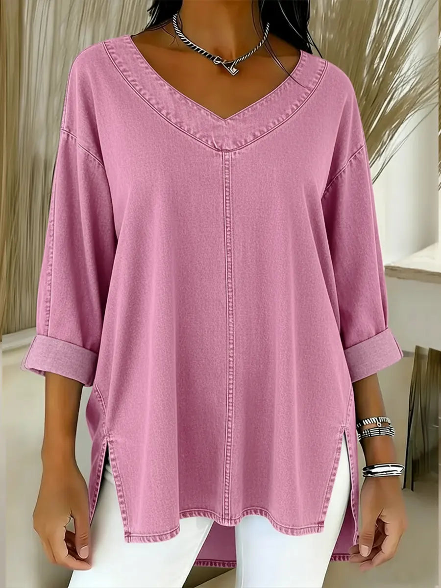 V-Neck Three Quarter Sleeve Denim Look Tunic Top 4