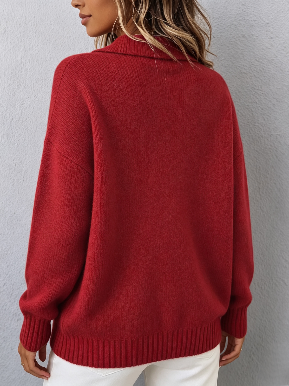 Polo Collar Button Neck Drop Shoulder Knit Sweater 6