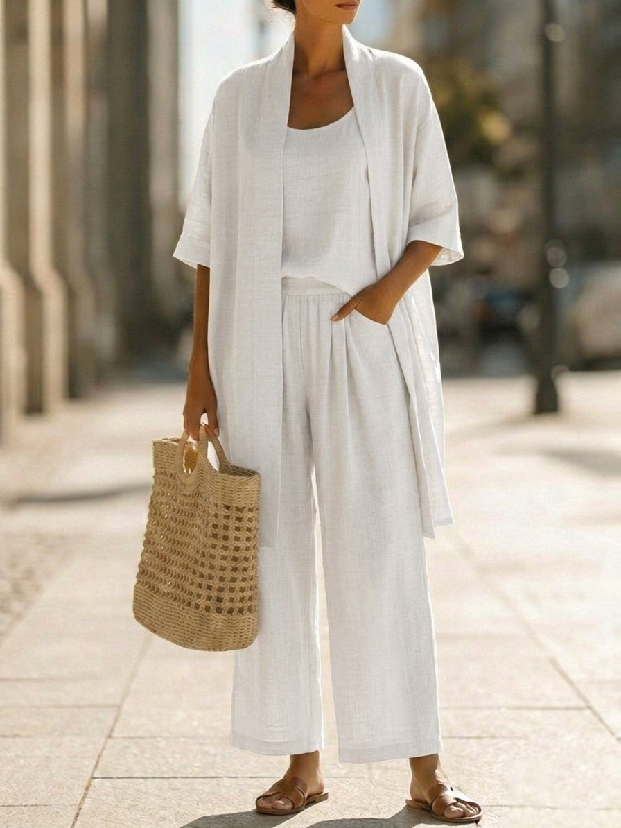 Sleeveless Tank Wide Leg Pants and Longline Duster Matching Set 15