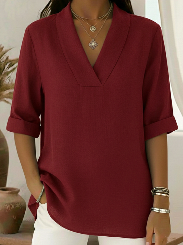 Shawl Collar V-Neck Roll Up Sleeve Blouse
