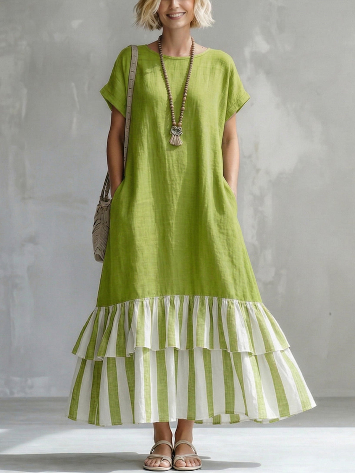 Round Neck Short Sleeve Striped Tiered Ruffle Hem Maxi Dress