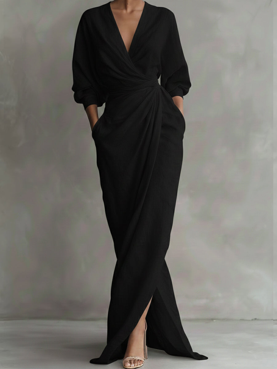 V-Neck Long Sleeve Wrap Draped Maxi Dress 6