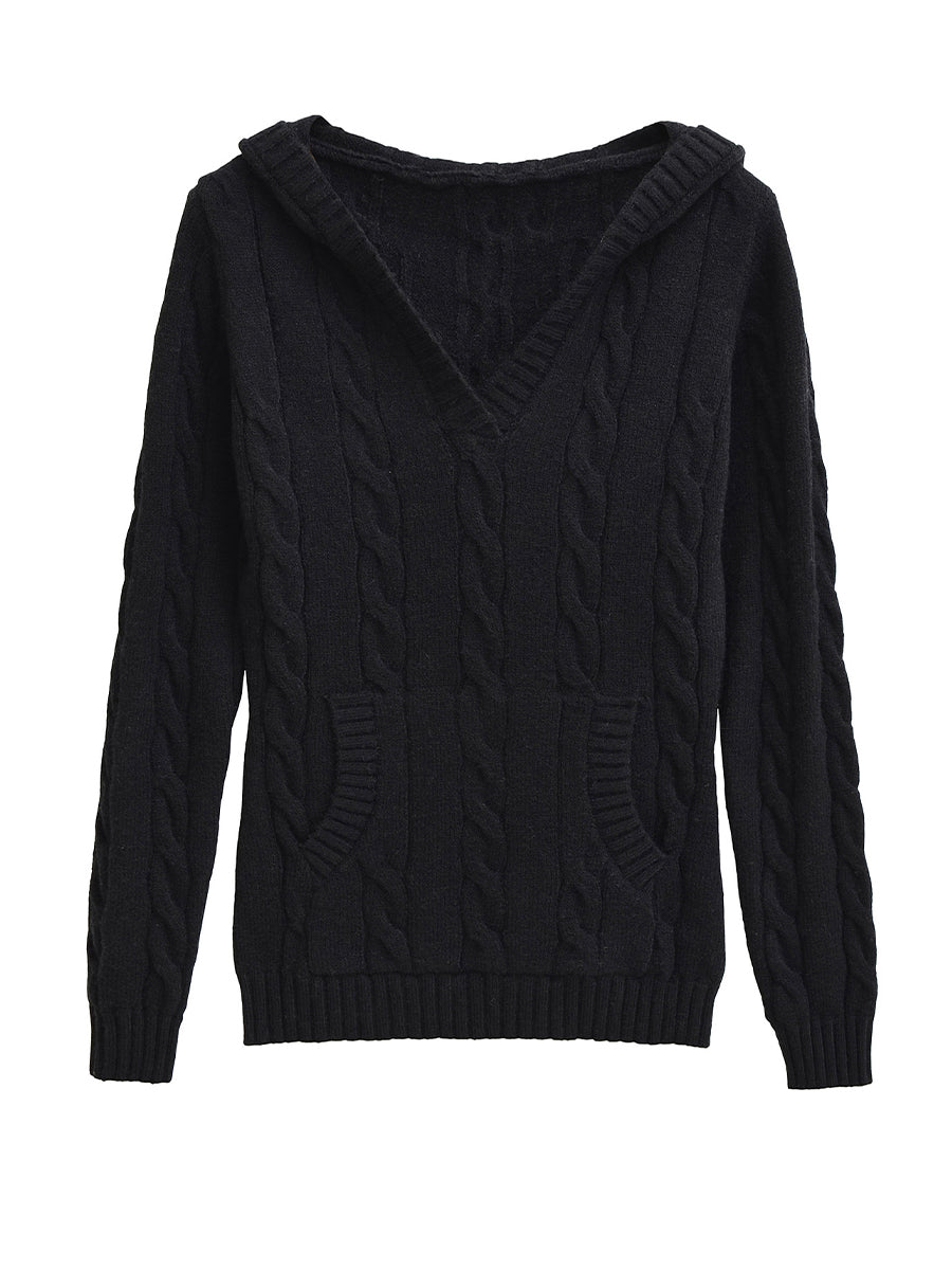Cable Knit V-Neck Hooded Sweater with Pocket 8