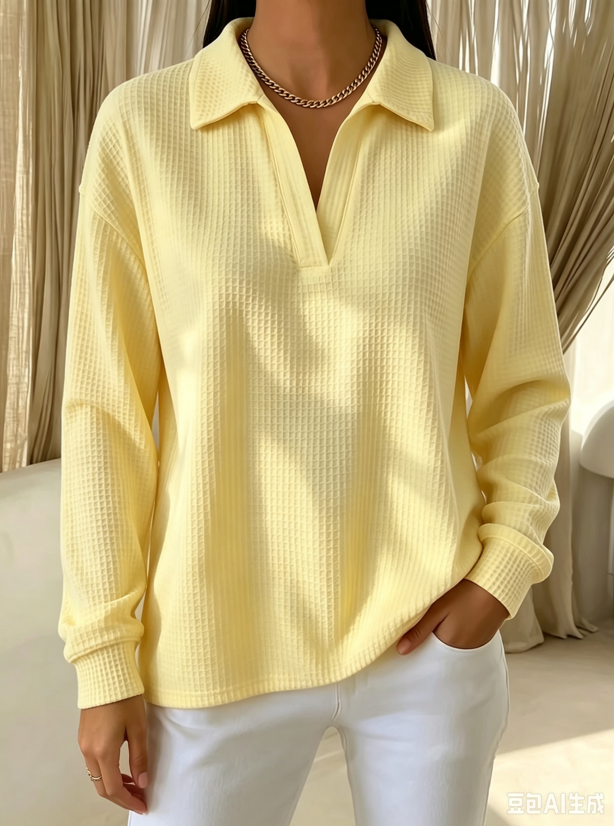 Waffle Knit Collared Long Sleeve Polo Top