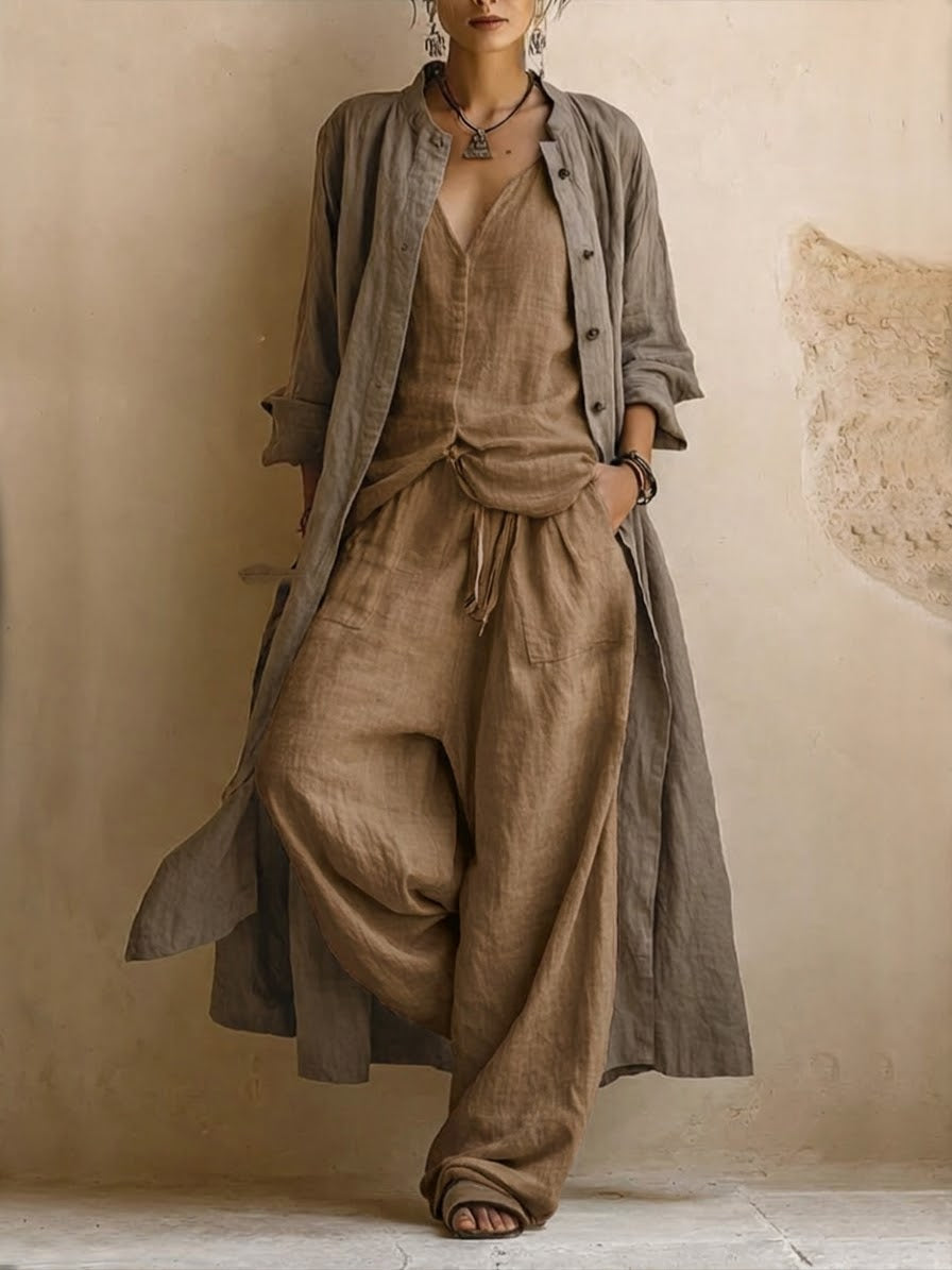 Longline Shirt Jacket and Wide Leg Pants Linen Set 2