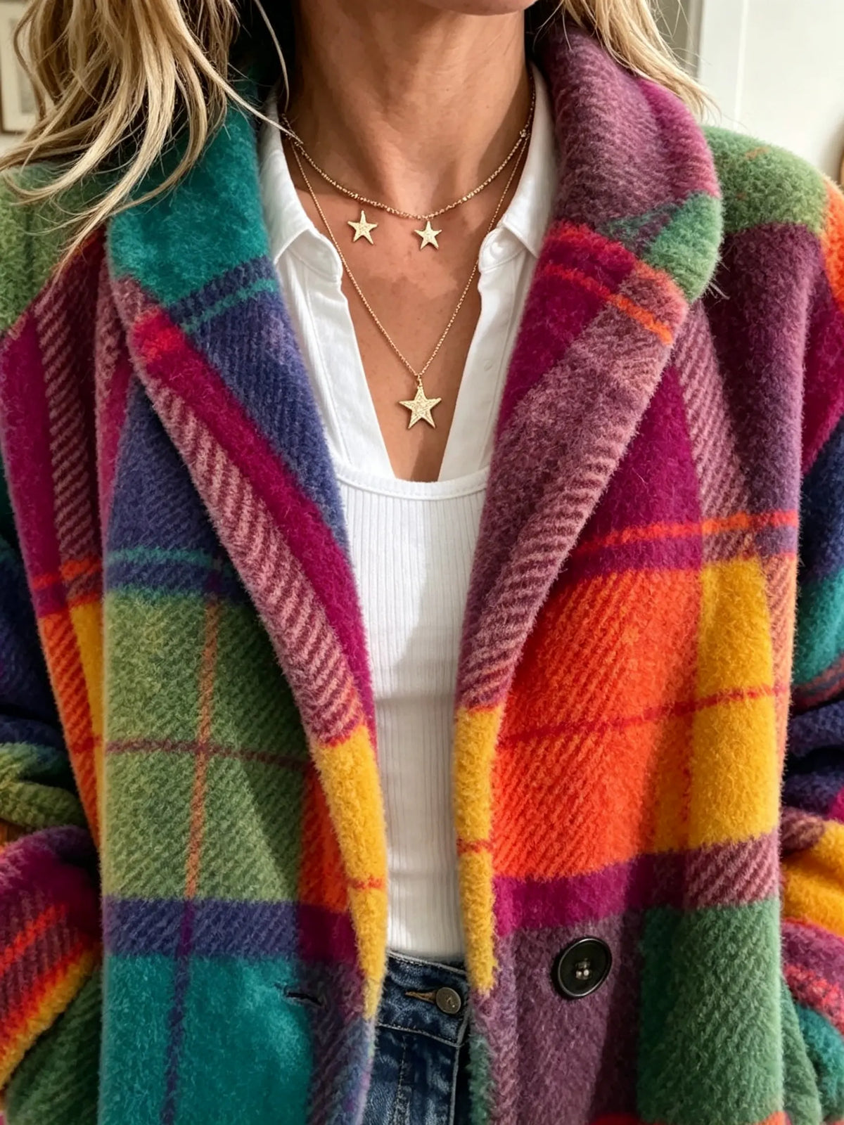 Plaid Check Fuzzy Fleece Notch Lapel Jacket 2