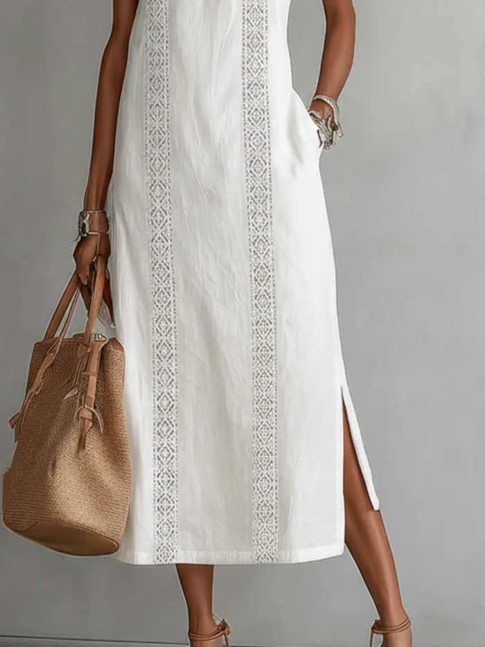 Lace Trim Mock Neck Sleeveless Side Split Midi Dress 4