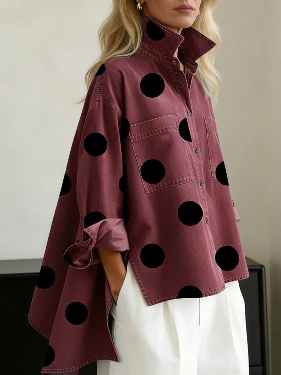 Polka Dot Button Front Oversized Denim Overshirt 5