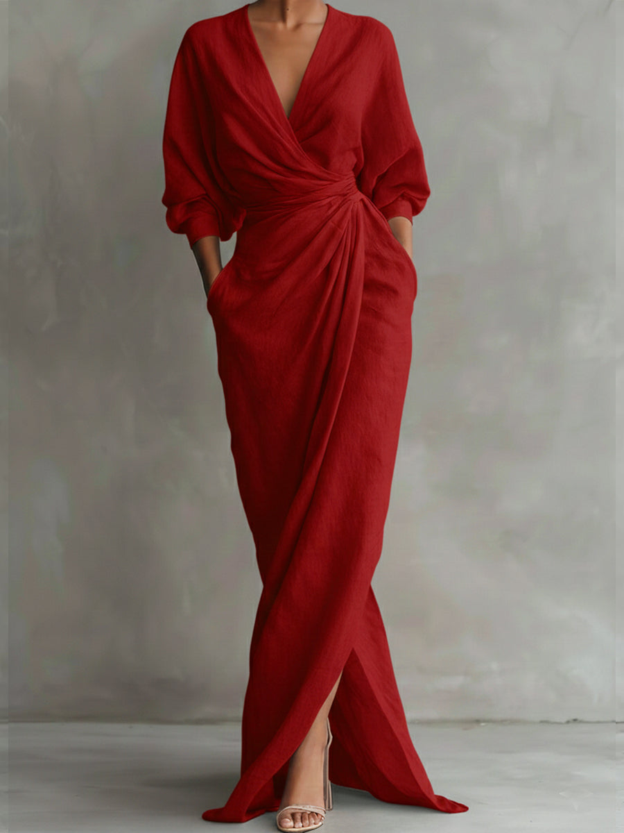 Deep V-Neck Twist Waist High Split Wrap Maxi Dress 3