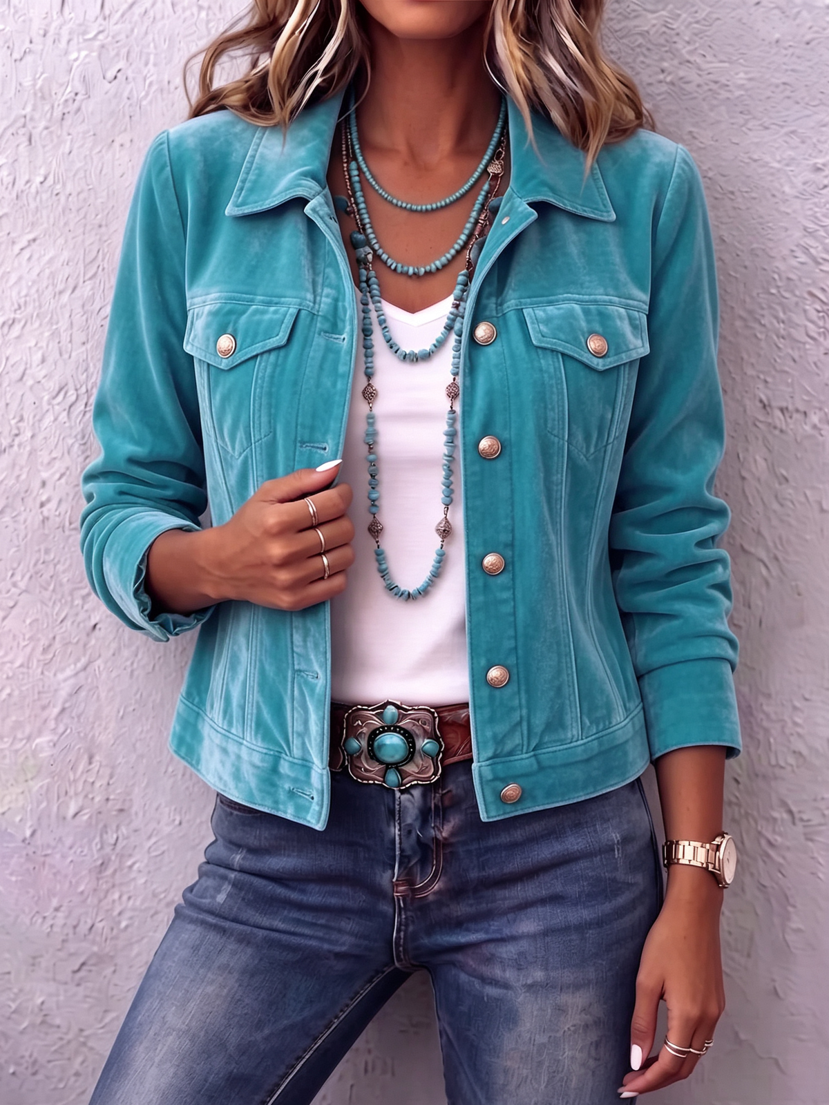 Collared Button Front Chest Pocket Velvet Trucker Jacket 5