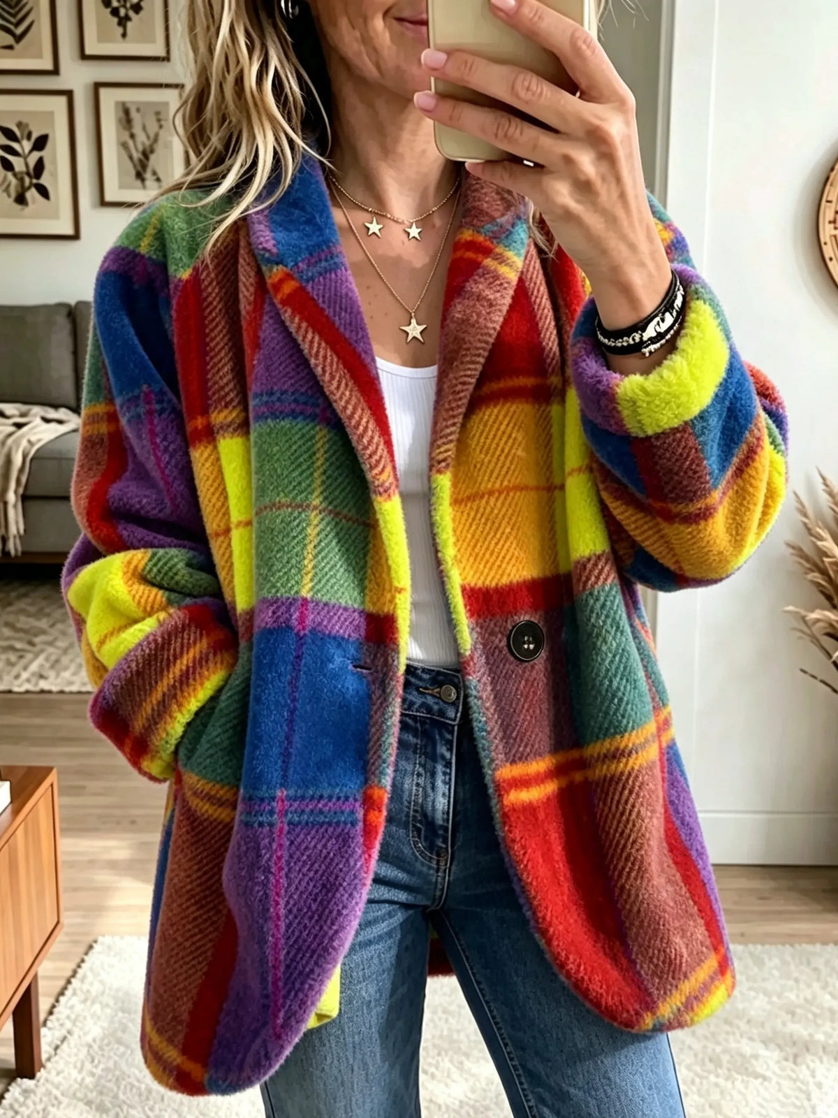 Plaid Check Fuzzy Fleece Notch Lapel Jacket 5