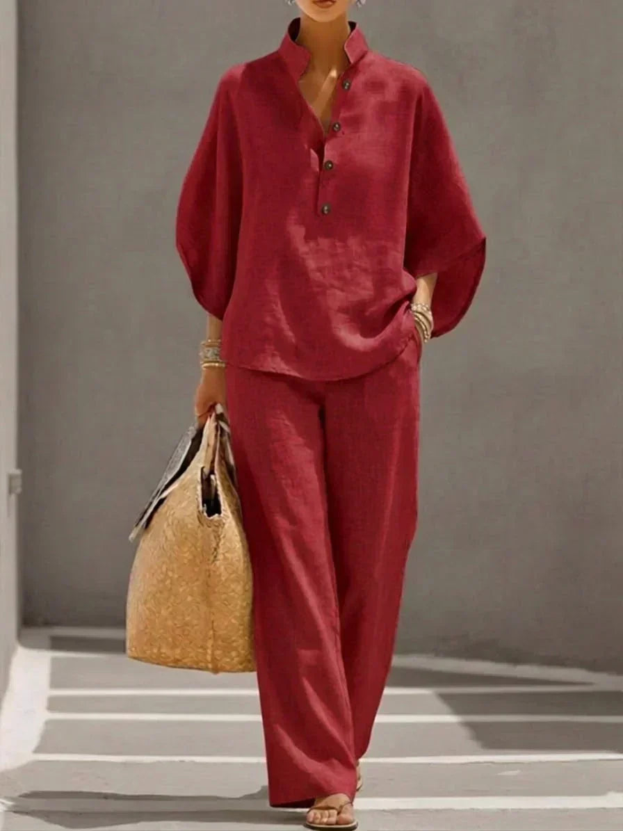 Stand Collar Half Placket Top and Wide Leg Pants Two Piece Set 6
