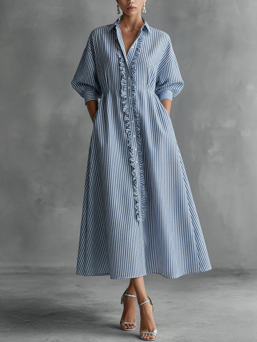 Striped Collared Button Front Ruffle Trim Maxi Shirt Dress