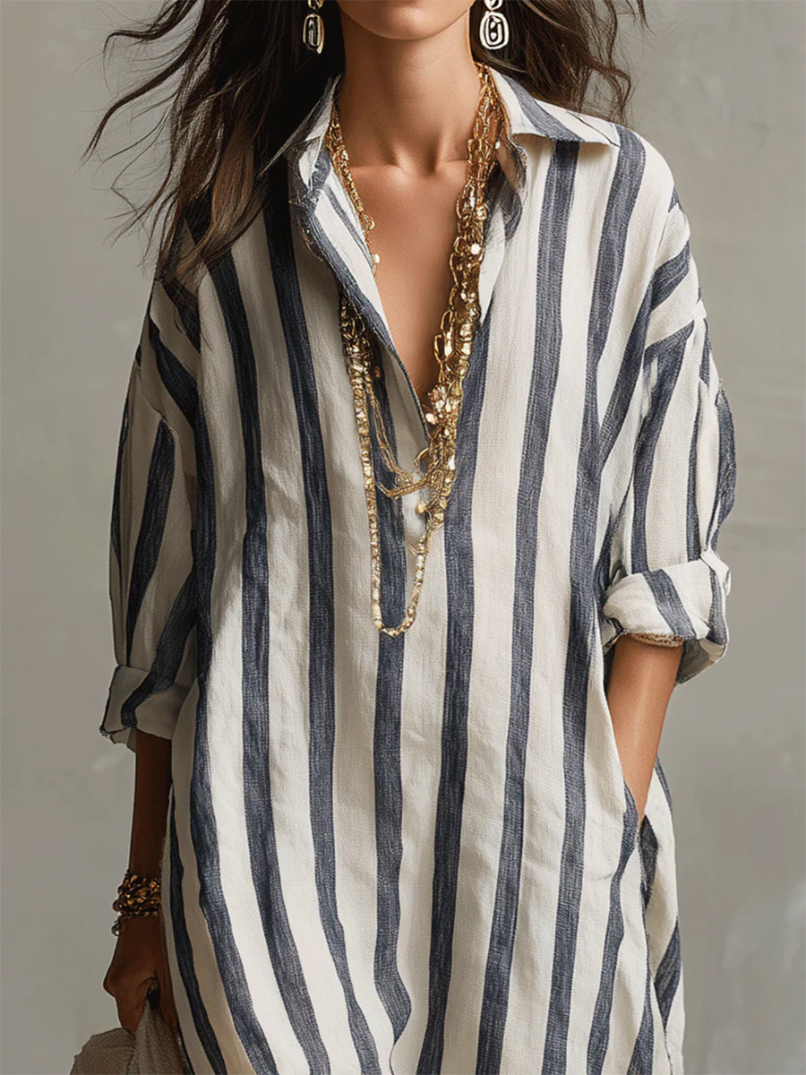 Striped Collared V Placket Long Sleeve Oversized Maxi Shirt Dress 2