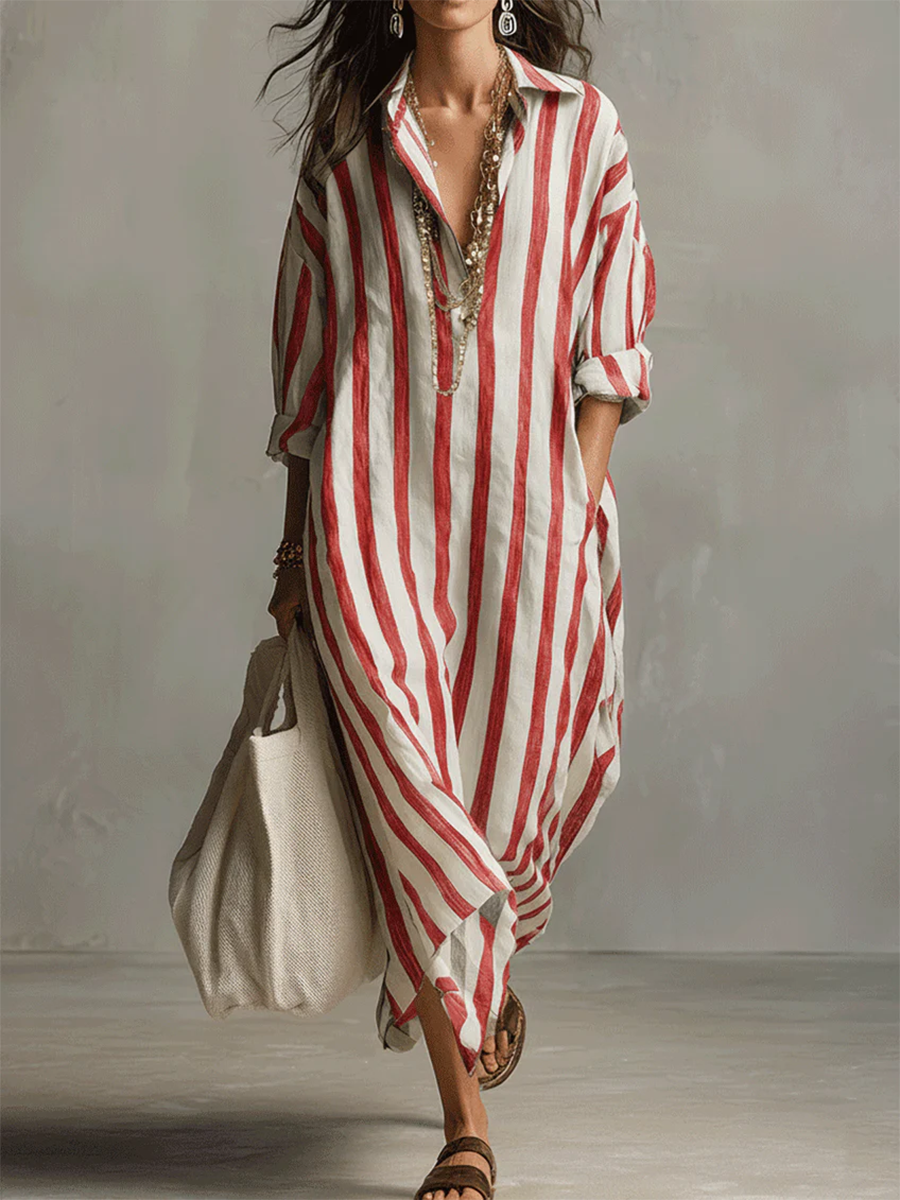 Striped Collared V Placket Long Sleeve Oversized Maxi Shirt Dress 5
