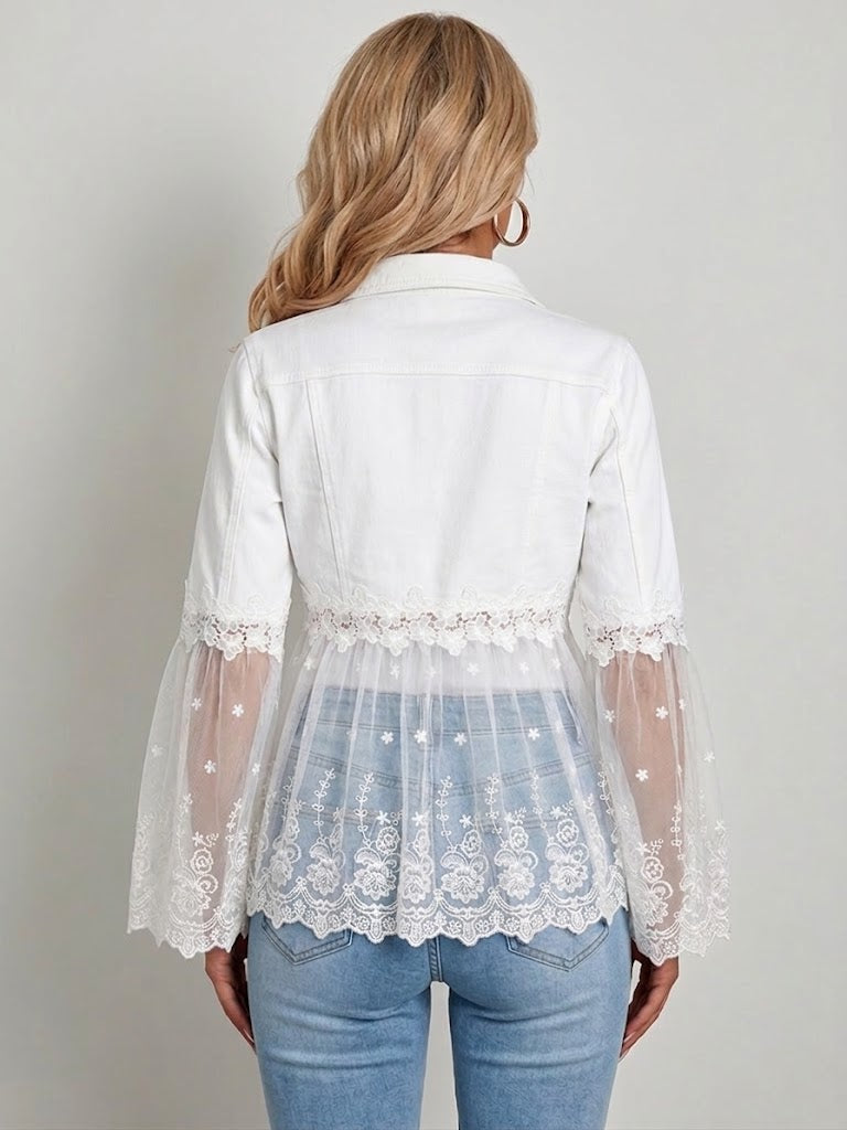 Lace Panel Mesh Hem Button Front Denim Jacket 2
