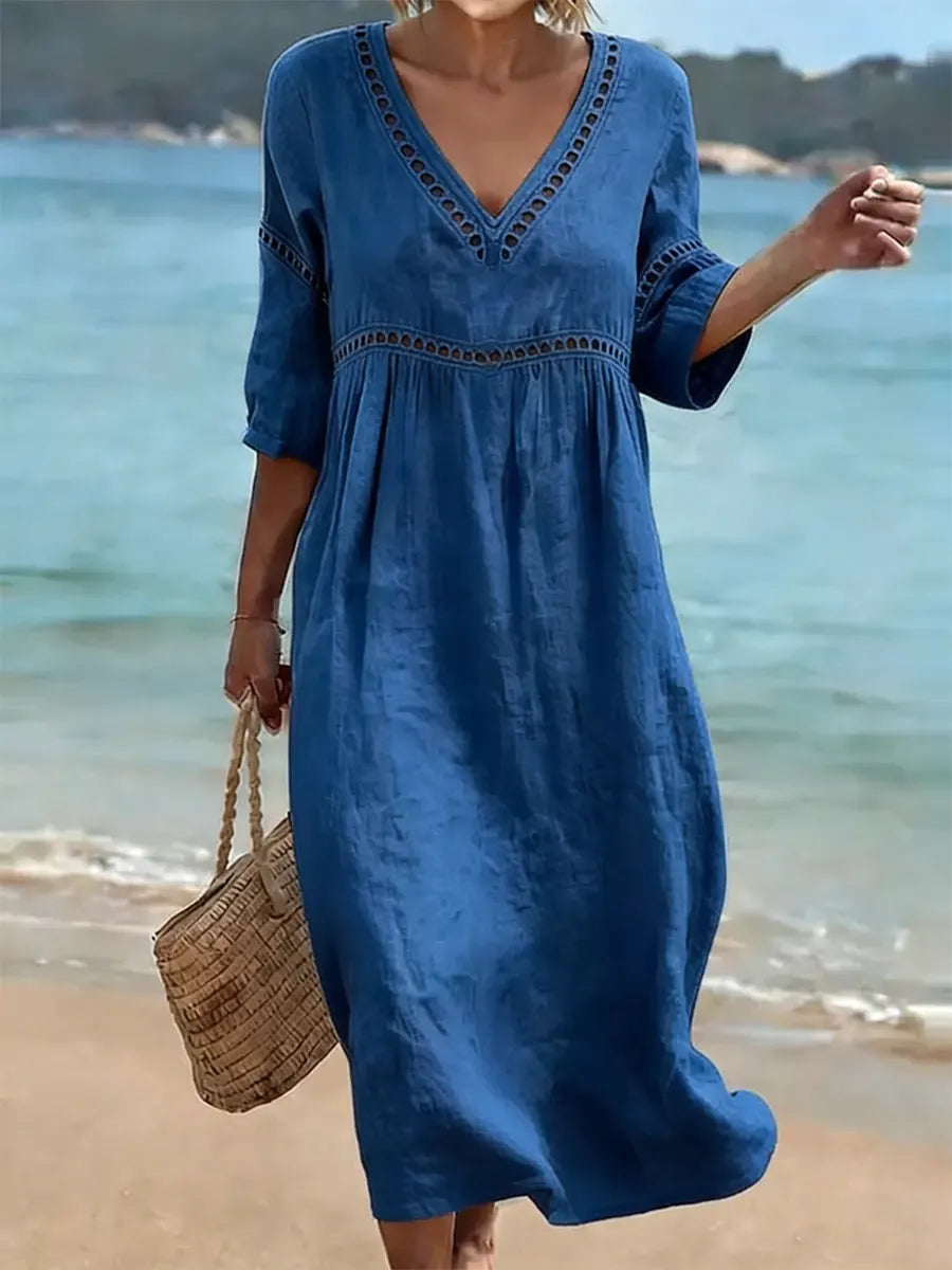 Lace Trim V-Neck Midi Dress Summer 5