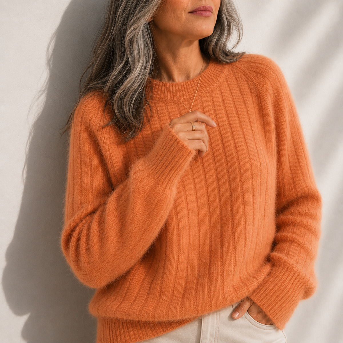 Crew Neck Ribbed Fuzzy Knit Sweater 8