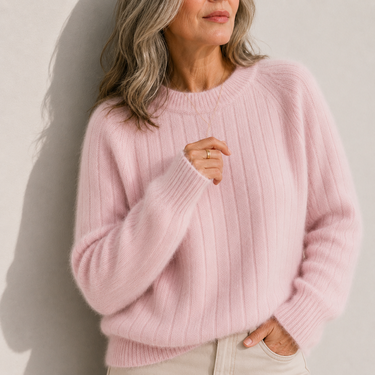 Crew Neck Ribbed Fuzzy Knit Sweater 4