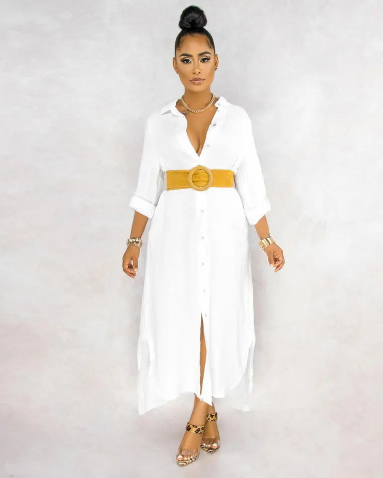 Button Down Collared Roll Tab Sleeve Box Pleat Maxi Shirt Dress - View 16