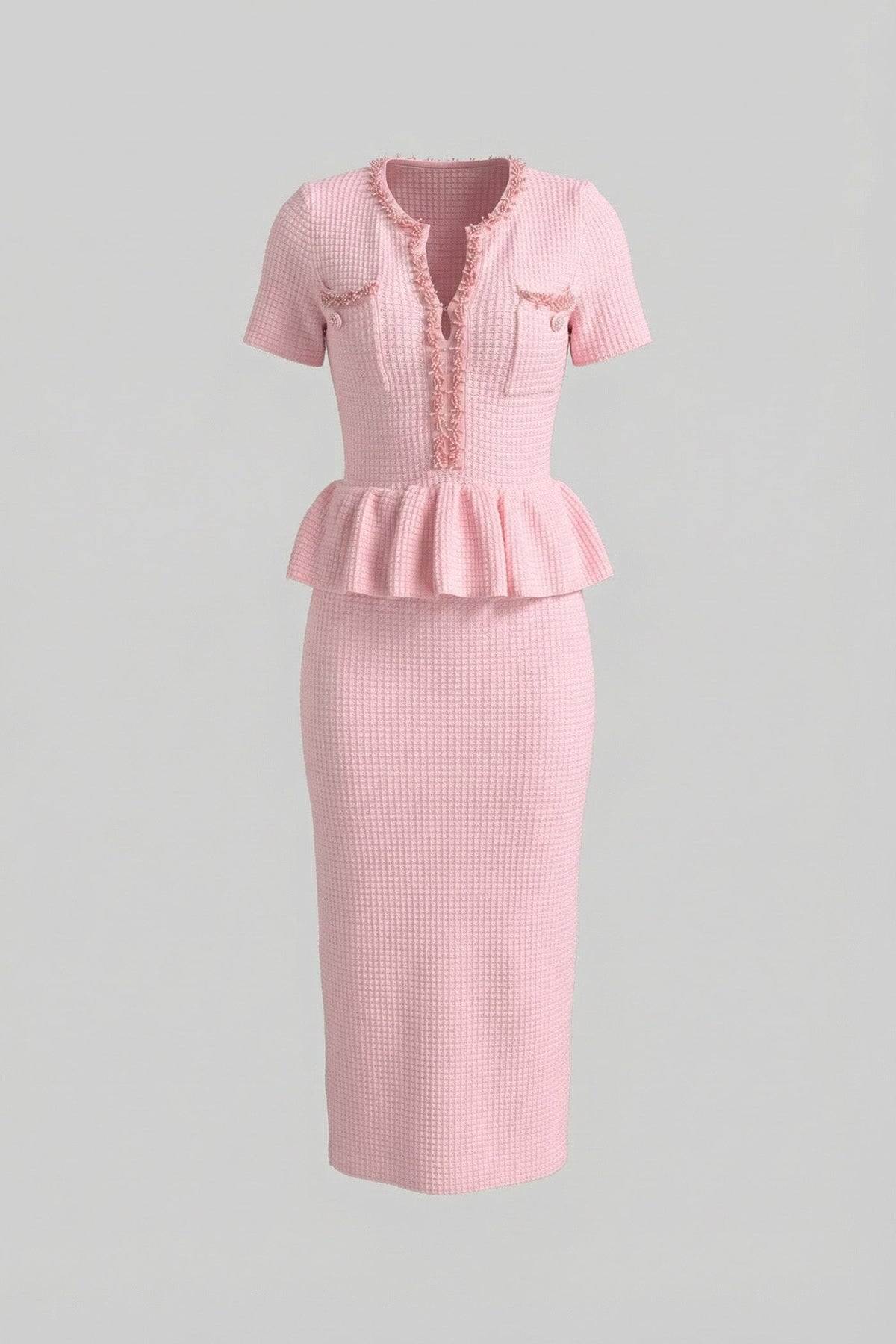 Textured Knit Midi Dress with Peplum Waist Detail – Baby Pink - View 5