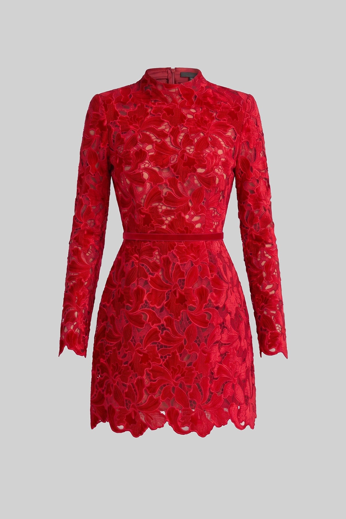 Long-Sleeve Lace Mini Dress With High Neck And Scalloped Hem - Red - View 2