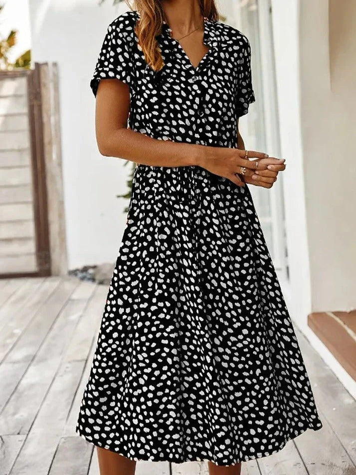 Animal Print Collared Short Sleeve Drawstring Midi Shirt Dress 6