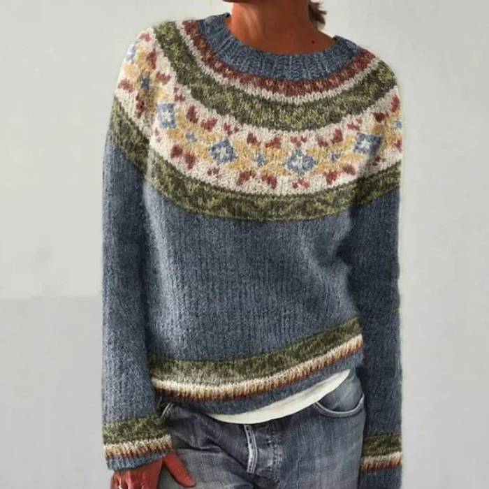 Crew Neck Long Sleeve Fair Isle Knit Sweater