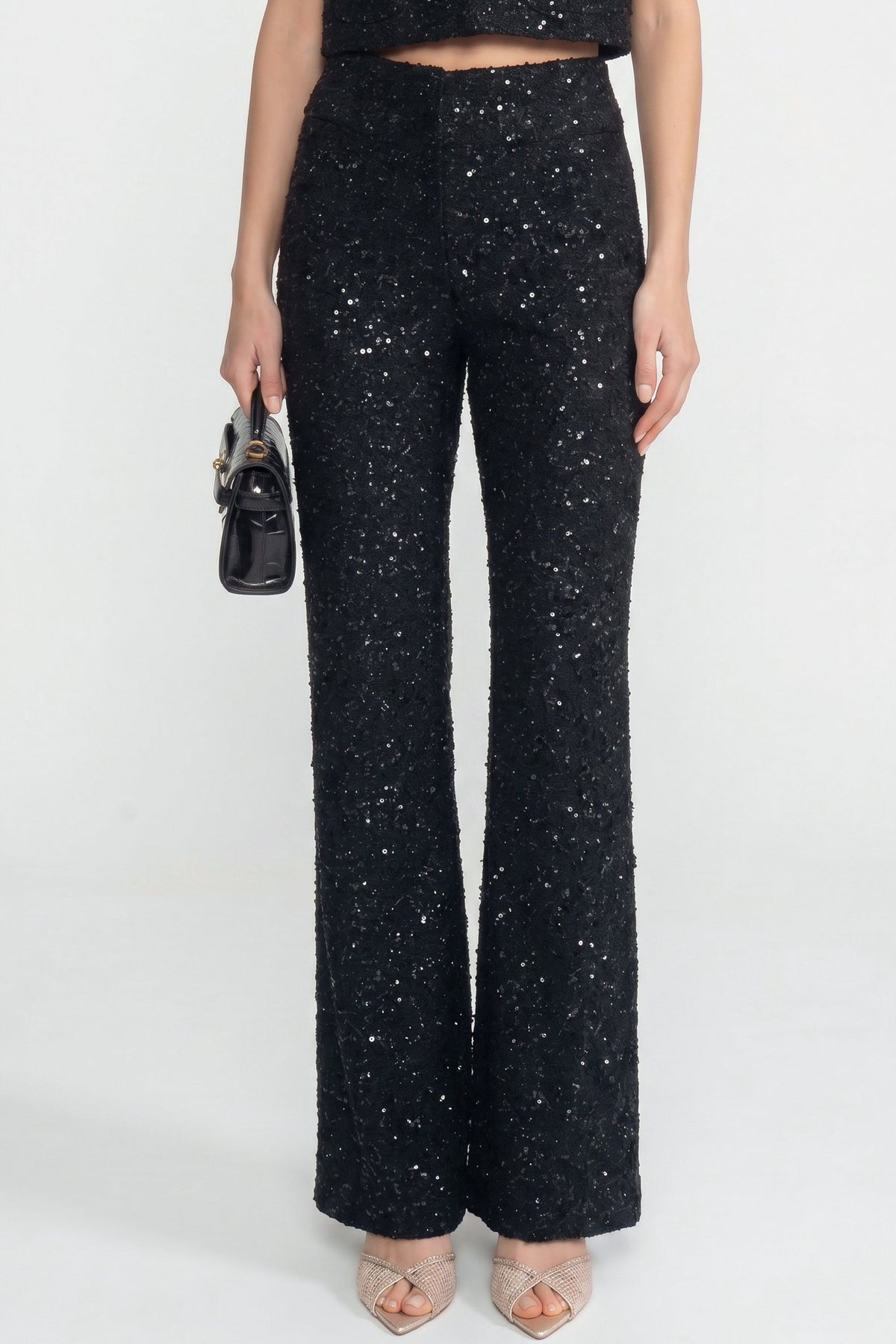 Sequin Tweed Wide Leg High Waist Dress Pants