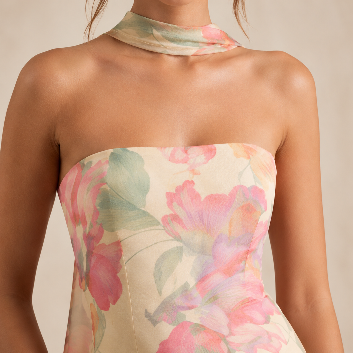 Strapless Floral Print Scarf Neck Mermaid Maxi Dress 17
