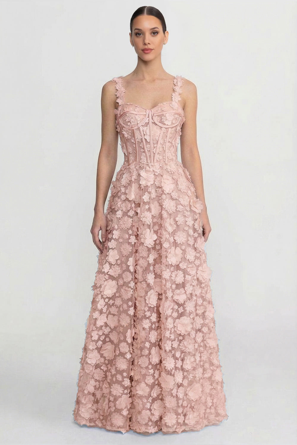 Floral Appliqué Maxi Dress With Corset Bodice - Pink - View 5