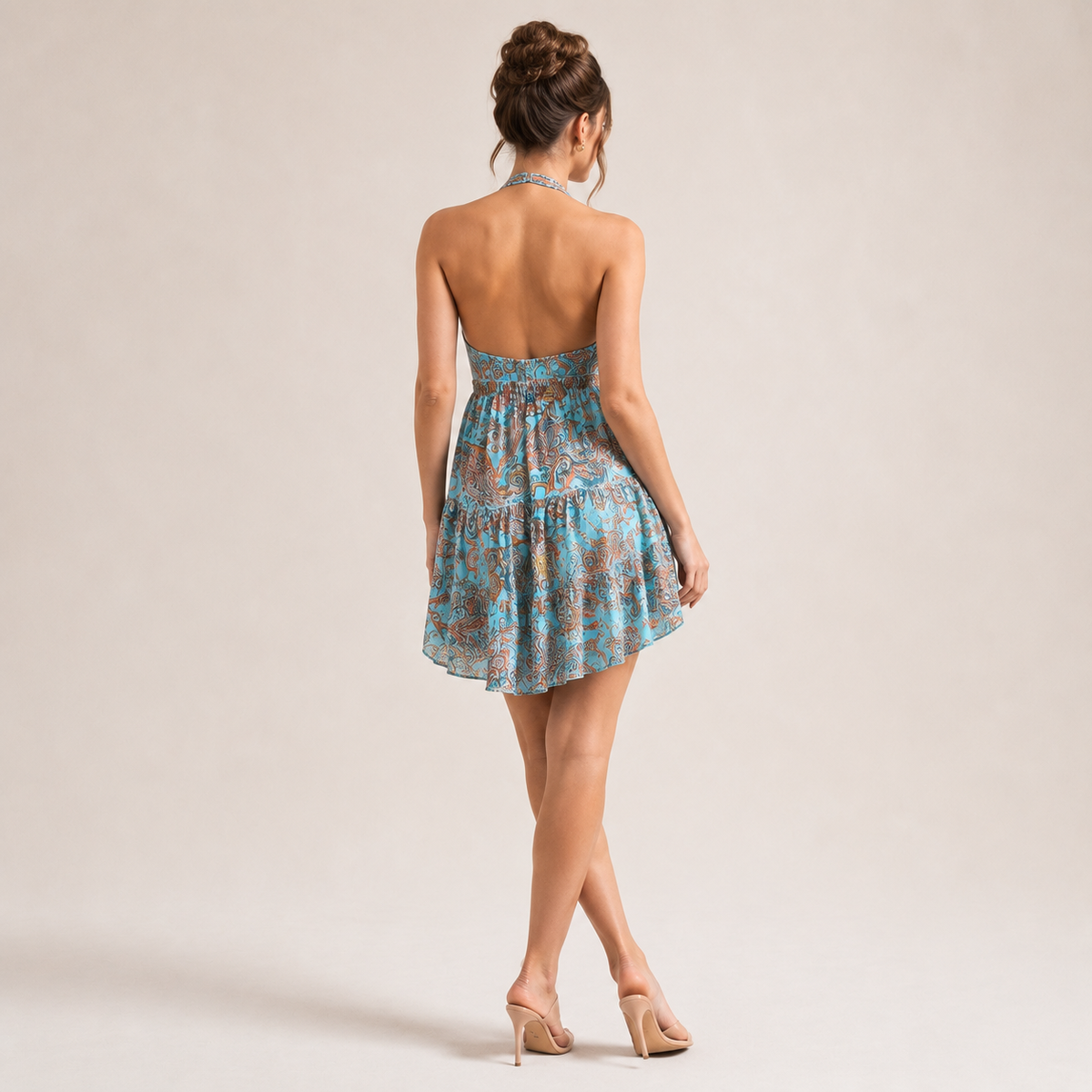 Paisley Print Halter Neck Deep V Tiered Mini Dress 15