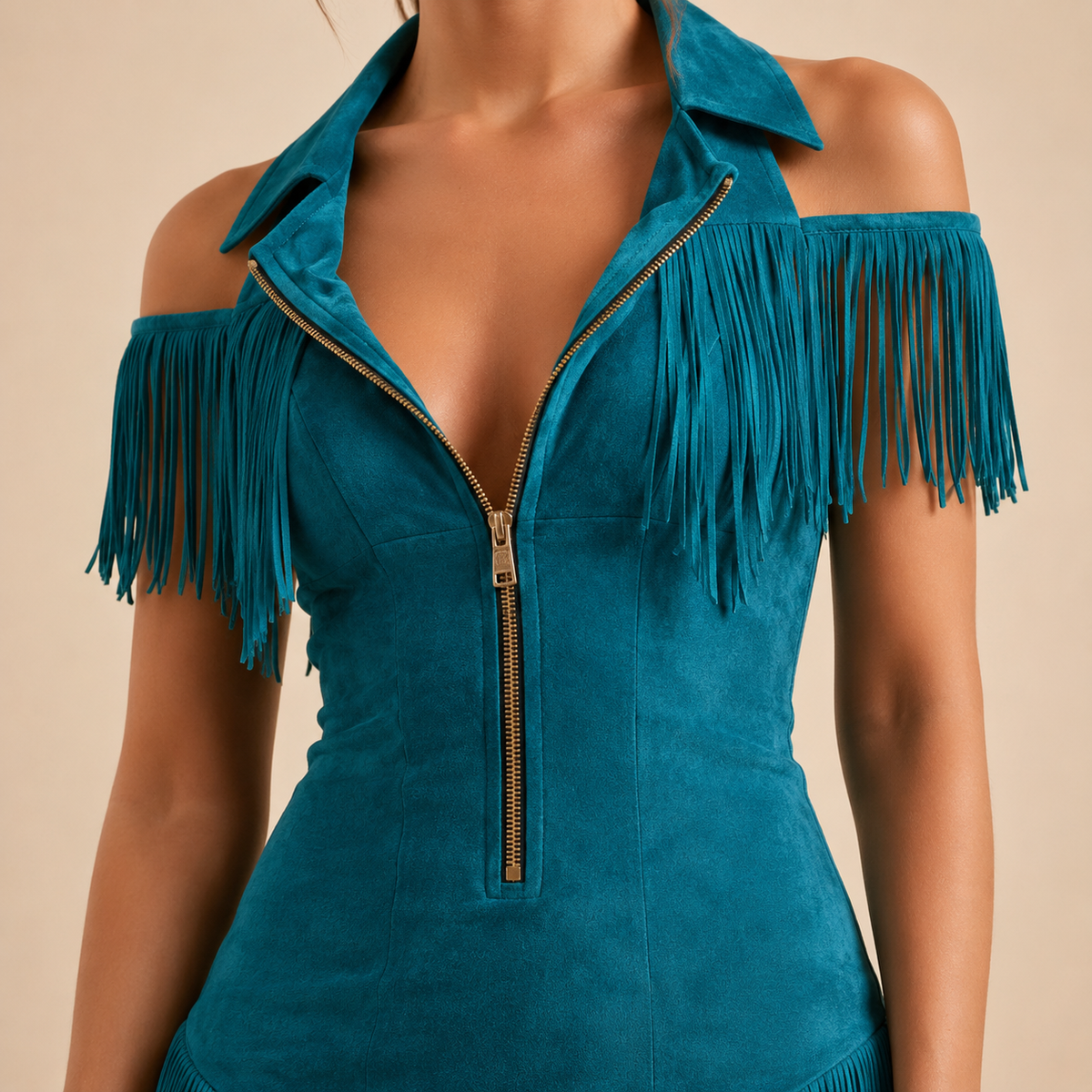 Suede Cold Shoulder Zip Front Fringe Mini Dress 10