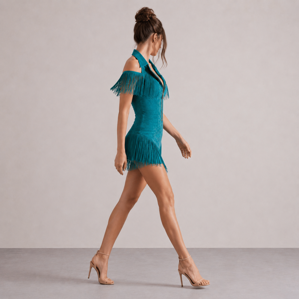 Suede Cold Shoulder Zip Front Fringe Mini Dress 12
