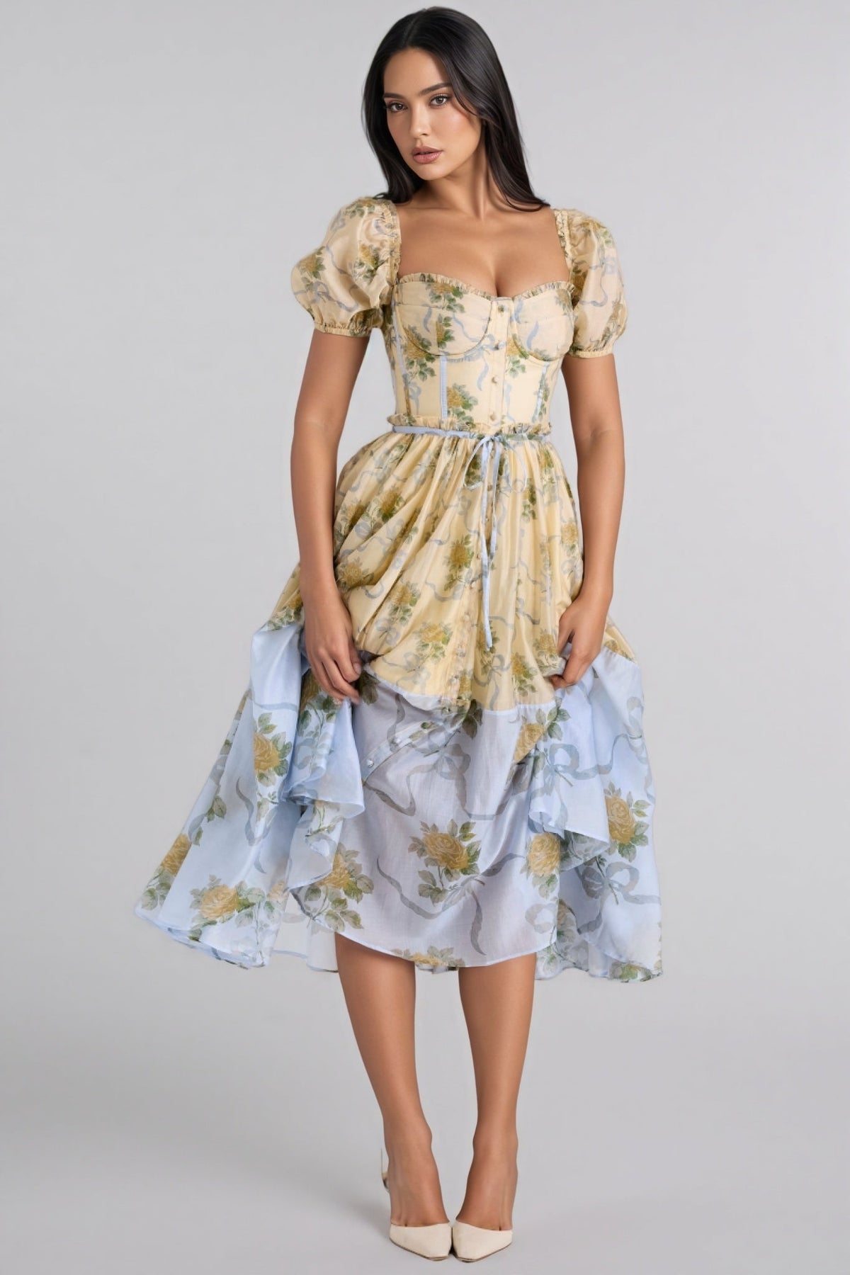 Elowen Yellow Vintage Rose Chiffon Midi Dress