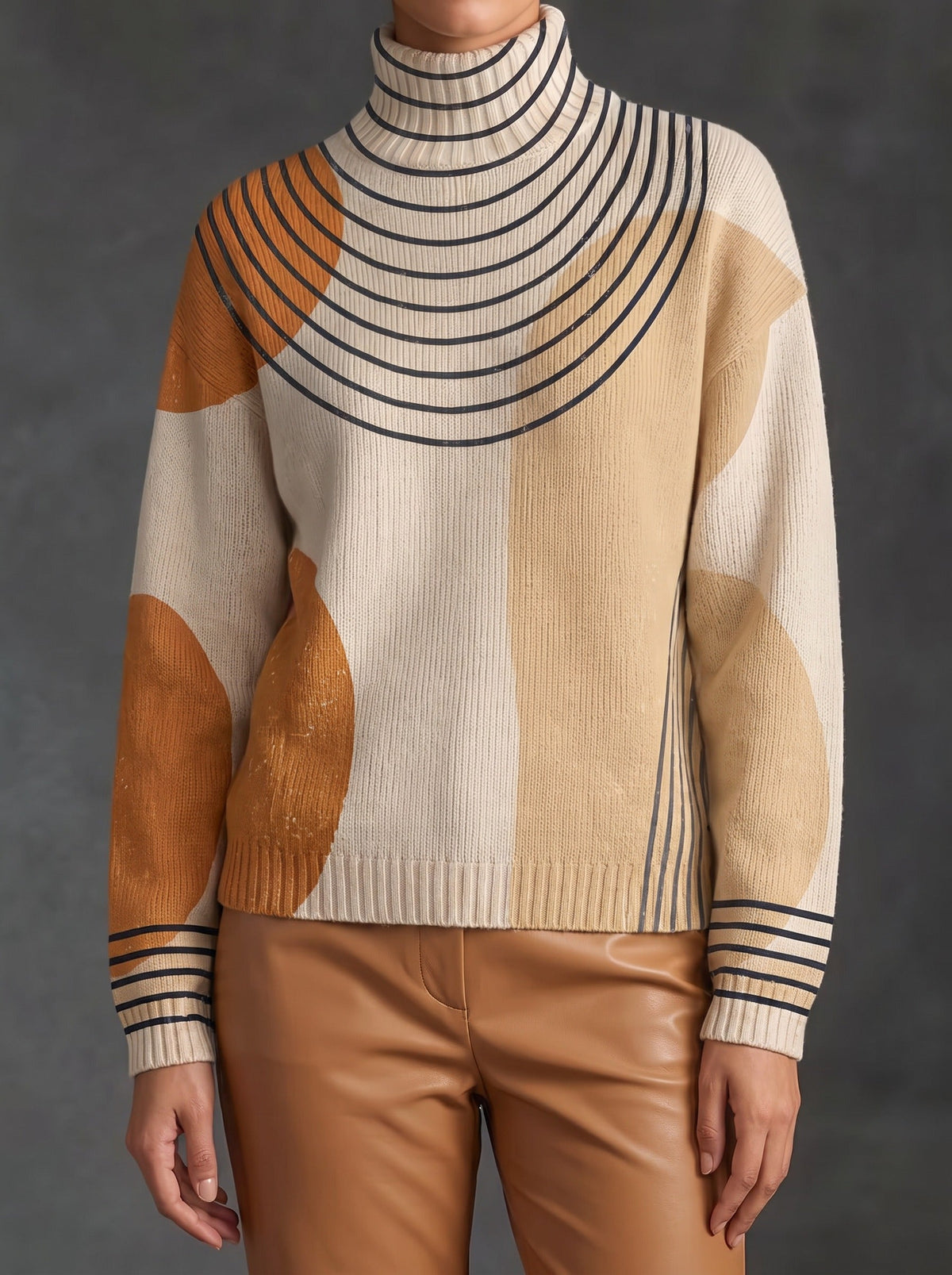Abstract Geometric Print Turtleneck Knit Sweater